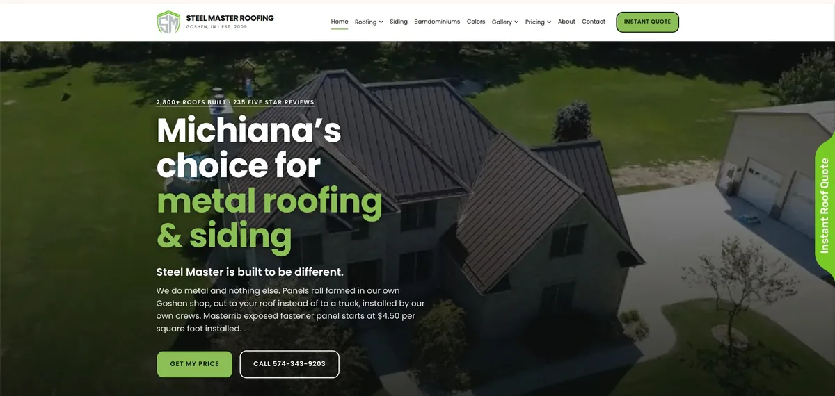Website built for a metal roofing company in Goshen, Indiana